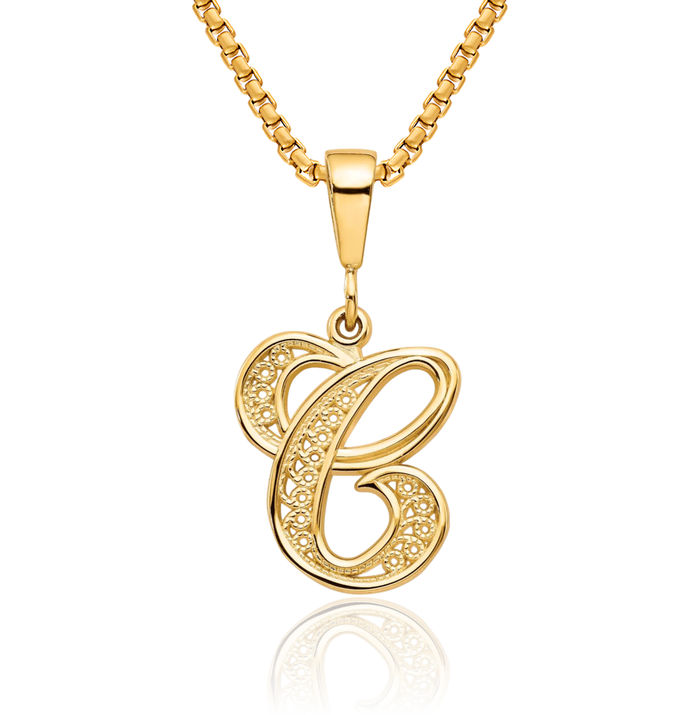 10K Solid Yellow Gold Dainty Letter C Initial Name Monogram Necklace Chain Pendant Charm