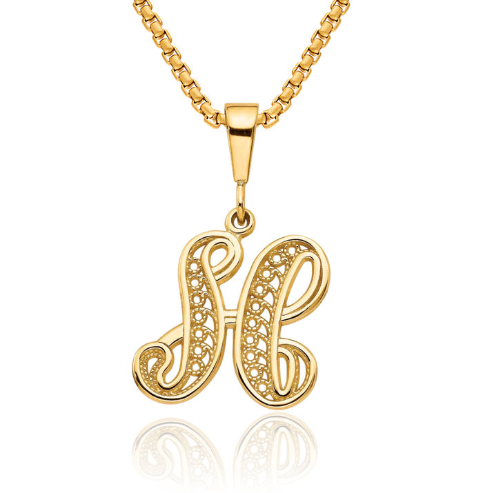 10K Solid Yellow Gold Dainty Letter H Initial Name Monogram Necklace Chain Pendant Charm