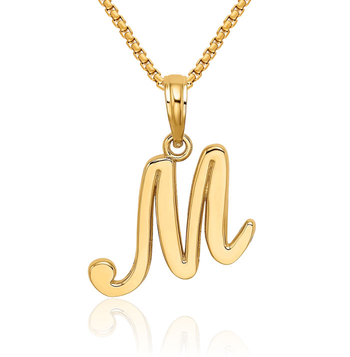 10K Solid Yellow Gold Dainty Letter M Initial Name Monogram Necklace Chain Pendant Charm
