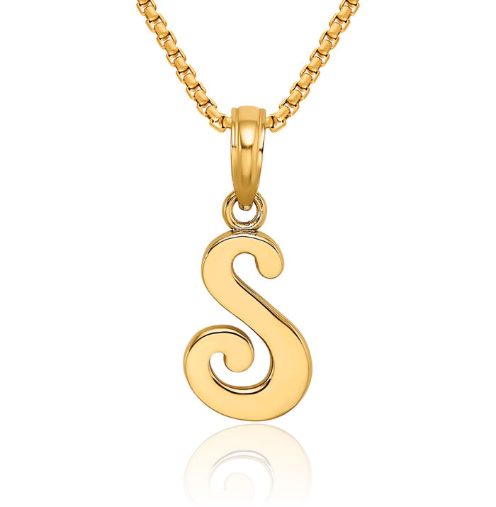 10K Solid Yellow Gold Dainty Letter S Initial Name Monogram Necklace Chain Pendant Charm