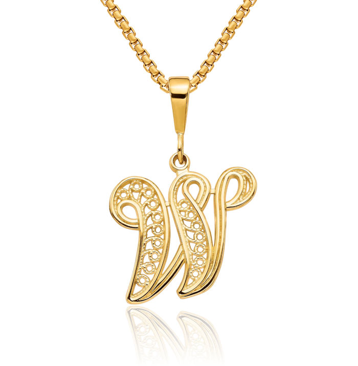 10K Solid Yellow Gold Dainty Letter W Initial Name Monogram Necklace Chain Pendant Charm