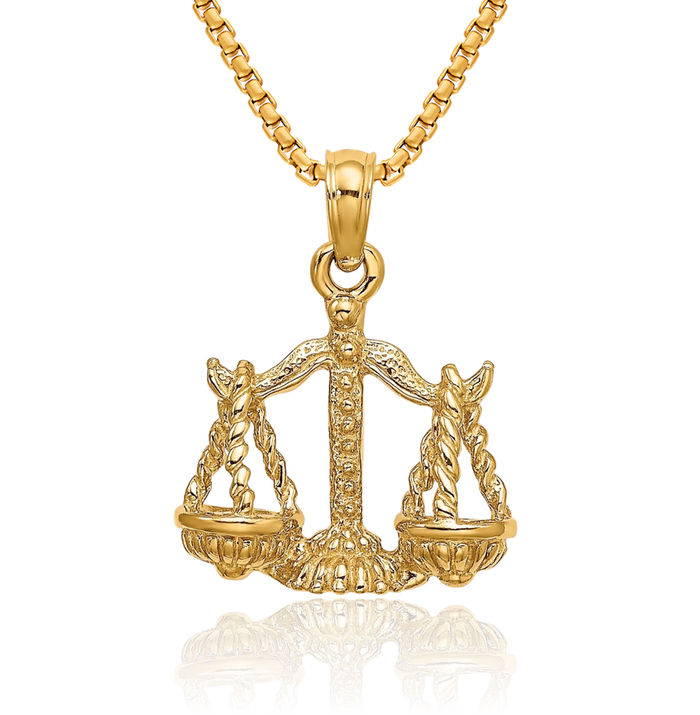 10K Solid Yellow Gold Libra Zodiac Necklace Scale Balance Horoscope Pendant September October Birthday Charm Astrology Jewelry