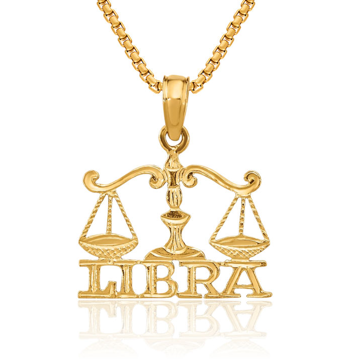 10K Solid Yellow Gold Libra Zodiac Necklace Scale Balance Horoscope Pendant September October Birthday Charm Astrology Jewelry