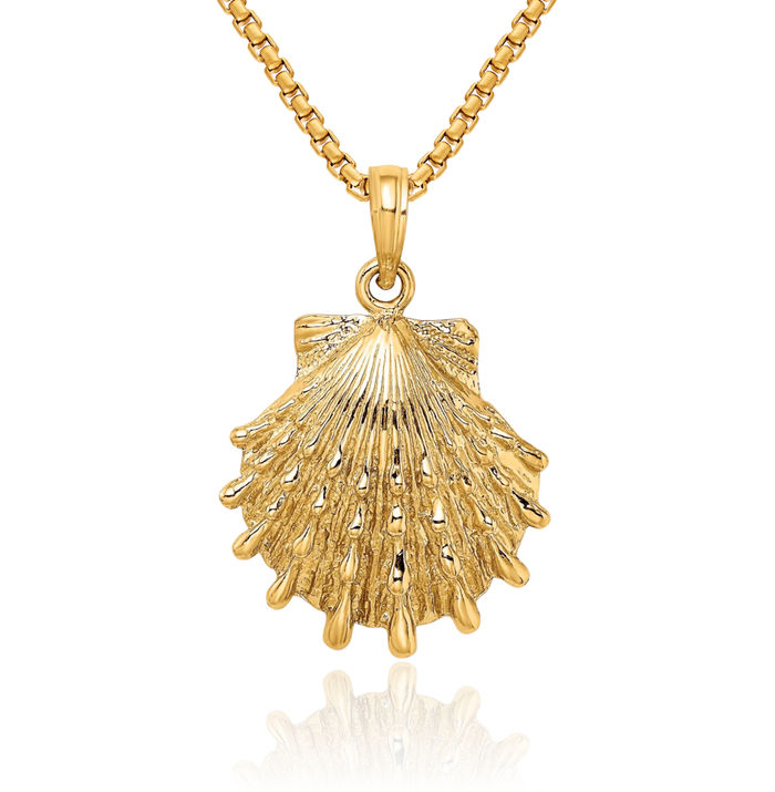 10K Solid Yellow Gold Lions Paw Scallop Shell Necklace Chain Pendant Charm