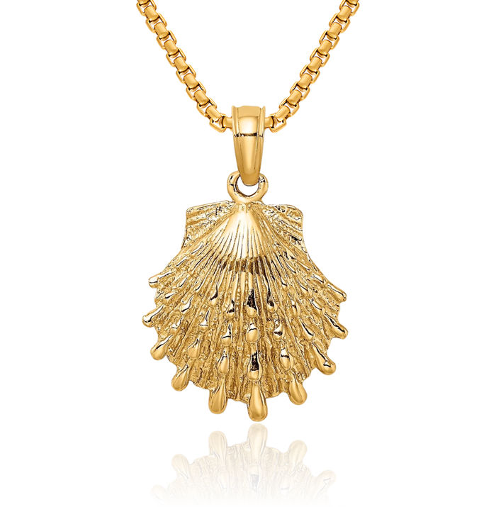 10K Solid Yellow Gold Lions Paw Scallop Shell Necklace Chain Pendant Charm