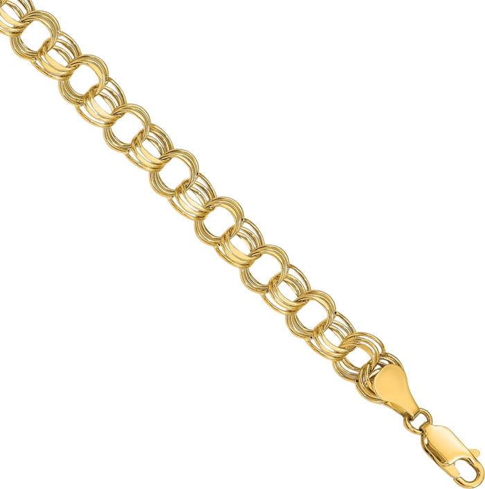 10K Solid Yellow Gold Lite 7mm Triple Link Chain Charm Bracelet