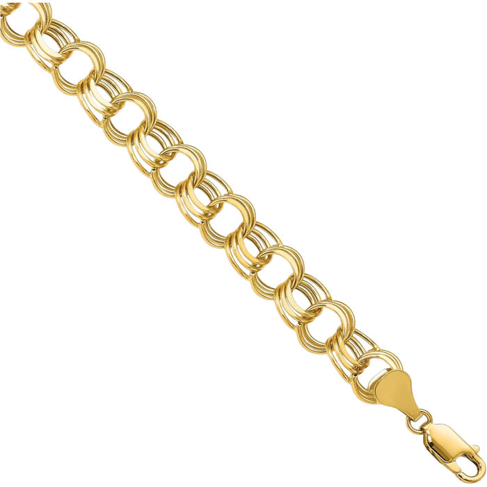 10K Solid Yellow Gold Lite 8.5mm Triple Link Chain Charm Bracelet