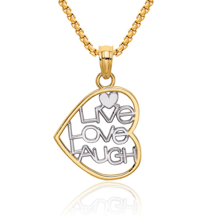 10K Solid Yellow Gold Live Love Laugh Heart Necklace Chain Pendant Charm