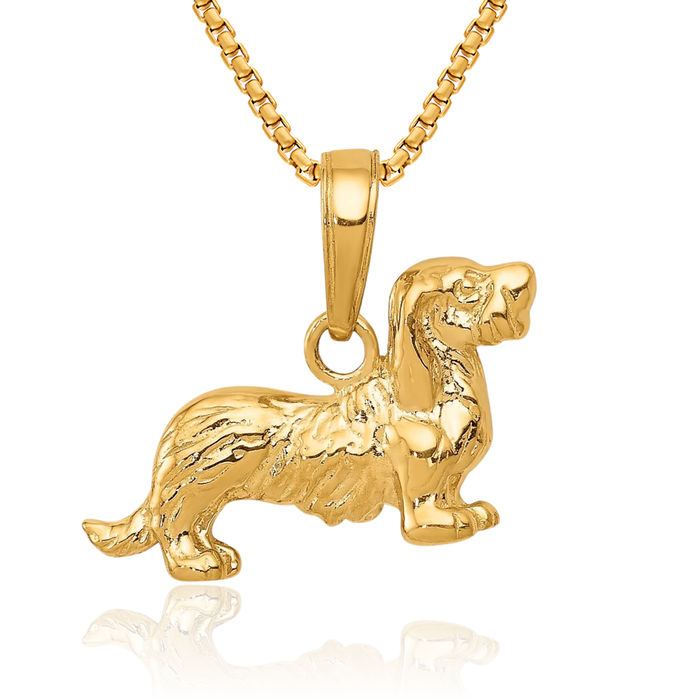 10K Solid Yellow Gold Long Haired Dachshund Dog Necklace Chain Pendant Charm