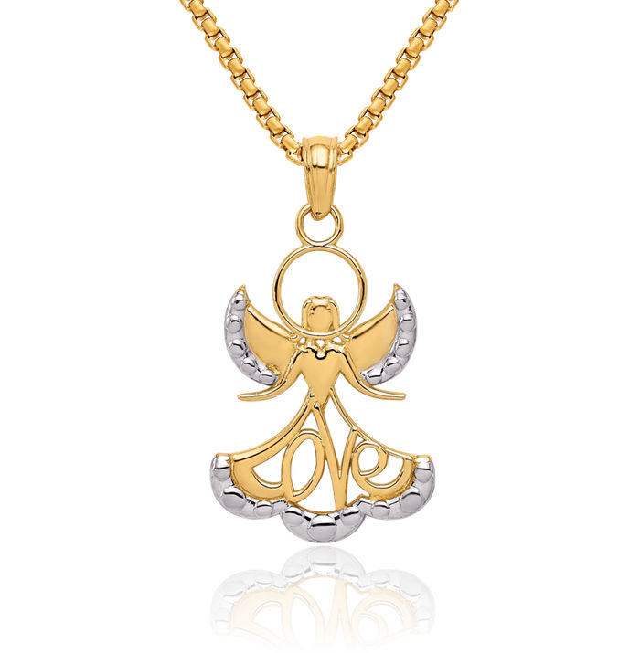 10K Solid Yellow Gold Love Guardian Angel Wings Necklace Protect Us Cherub Pendant Religious Charm