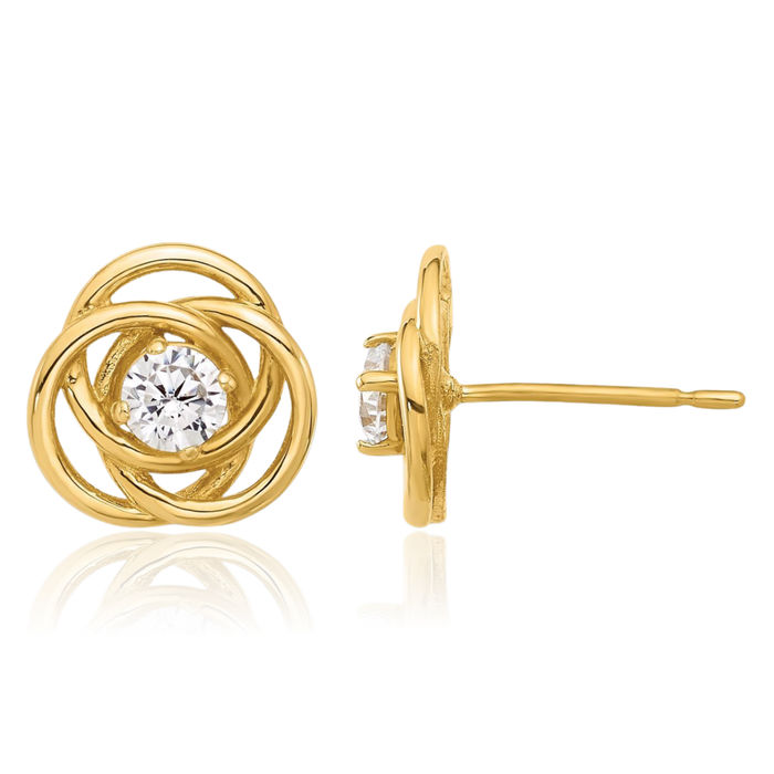 10K Solid Yellow Gold Twisted Love Knot Symbol Cubic Zirconia CZ Stud Earrings