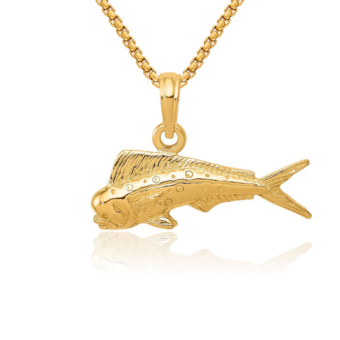 10K Solid Yellow Gold Mahi Fish Necklace Chain Pendant Charm