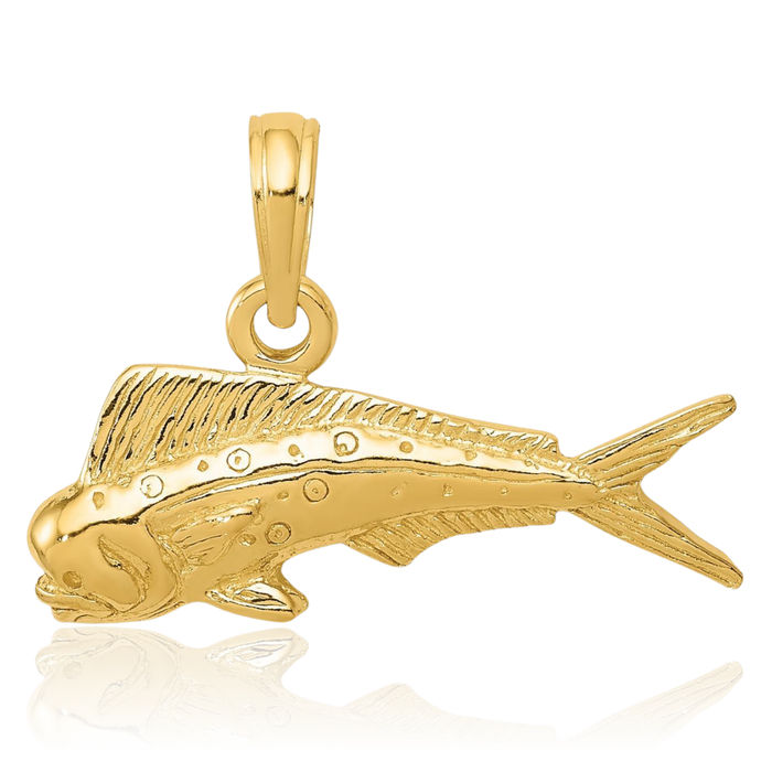 10K Solid Yellow Gold Mahi Fish Necklace Chain Pendant Charm