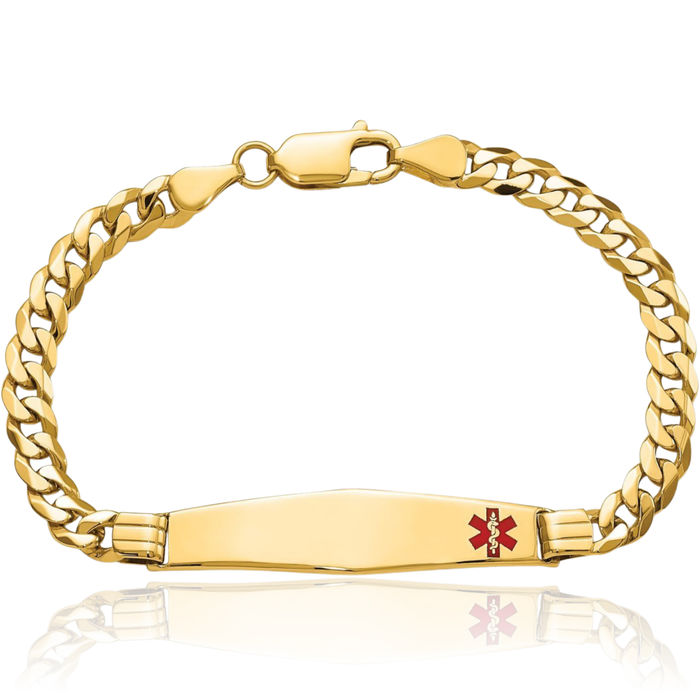 10K Solid Yellow Gold Medical Alert Curb Link Name Bar Identification ID Bracelet