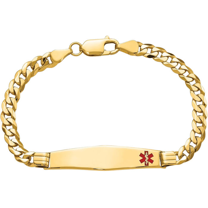 10K Solid Yellow Gold Medical Alert Curb Link Name Bar Identification ID Bracelet