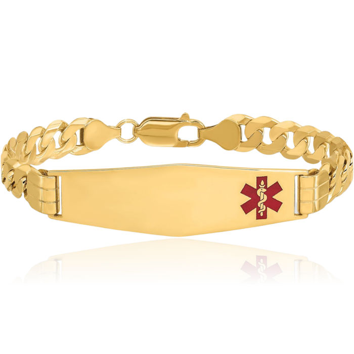 10K Solid Yellow Gold Medical Alert Curb Link Name Bar Identification ID Bracelet