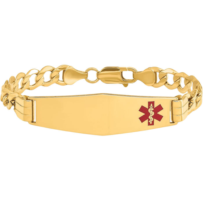 10K Solid Yellow Gold Medical Alert Curb Link Name Bar Identification ID Bracelet