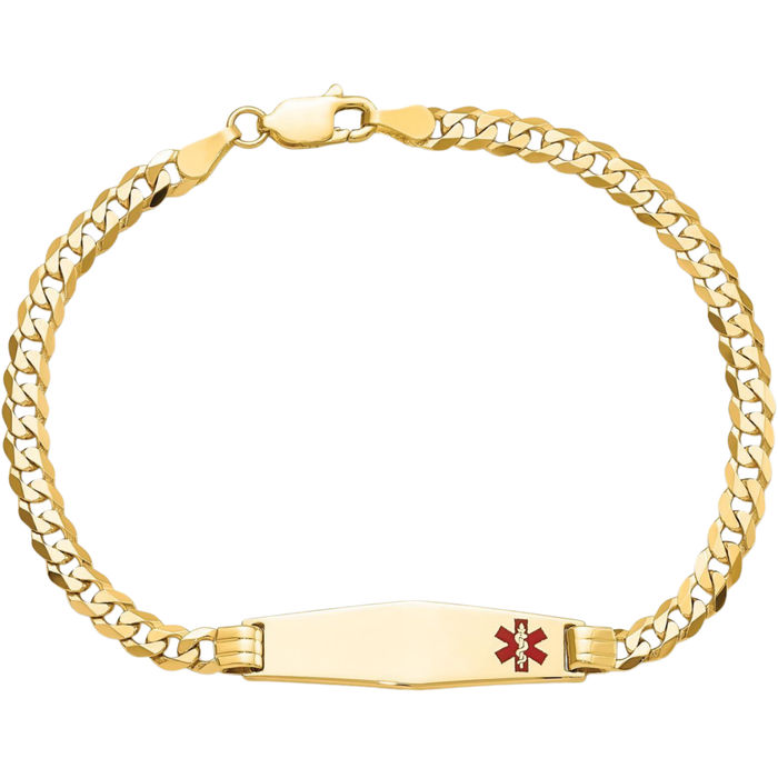 10K Solid Yellow Gold Medical Alert Curb Link Name Bar Identification ID Bracelet