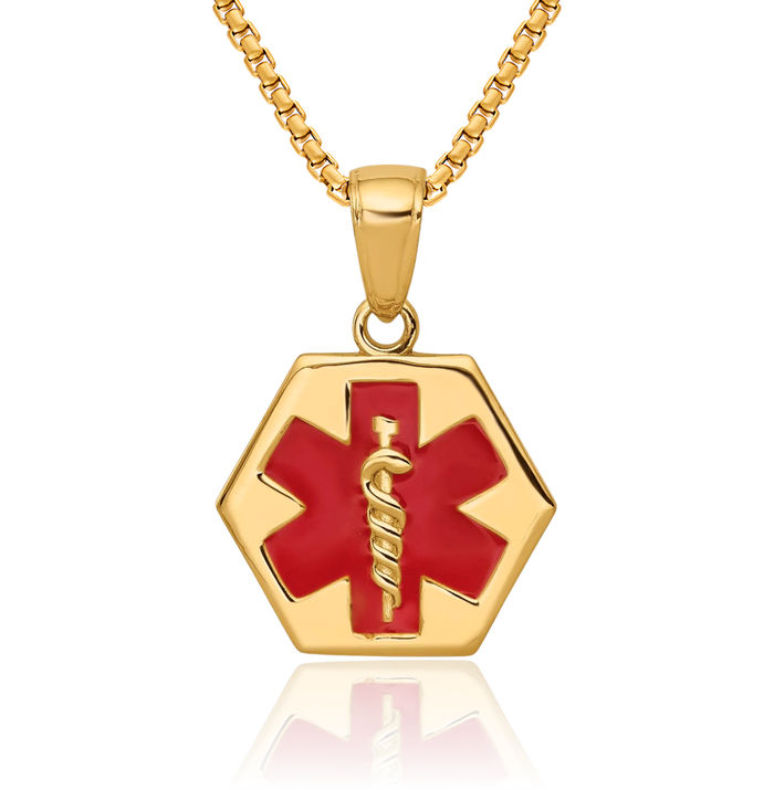 10K Solid Yellow Gold Medical Alert Disk Necklace Chain Pendant Charm