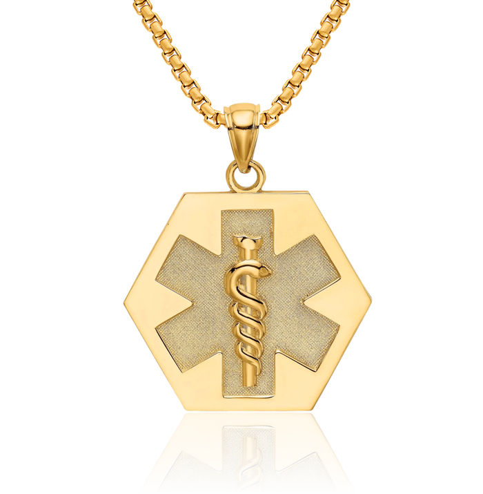 10K Solid Yellow Gold Medical Alert Disc Necklace Chain Pendant Charm