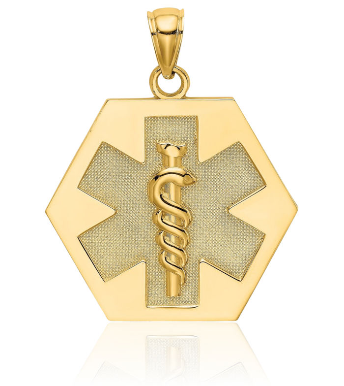 10K Solid Yellow Gold Medical Alert Disc Necklace Chain Pendant Charm