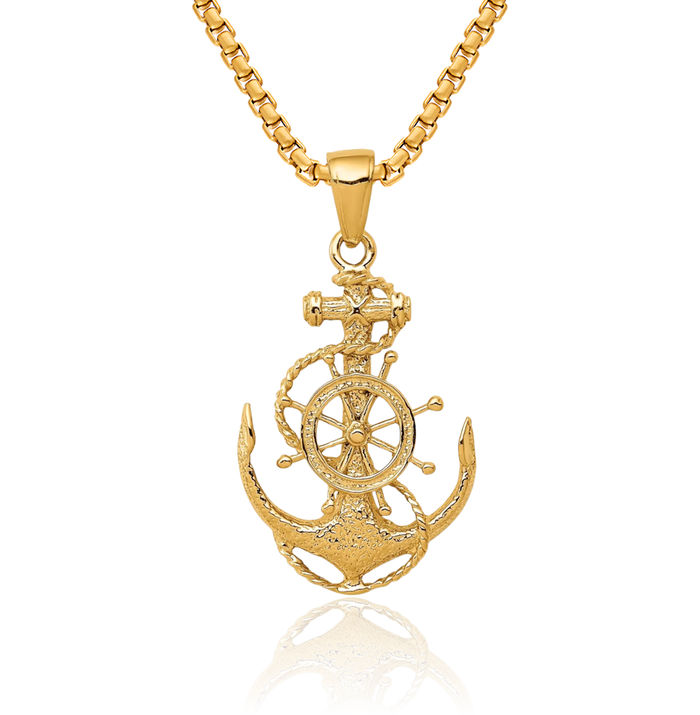 10K Solid Yellow Gold Medium Anchor Mariner Wheel Necklace Nautical Charm Pendant