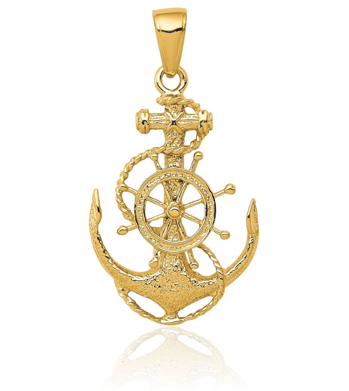10K Solid Yellow Gold Medium Anchor Mariner Wheel Necklace Nautical Charm Pendant