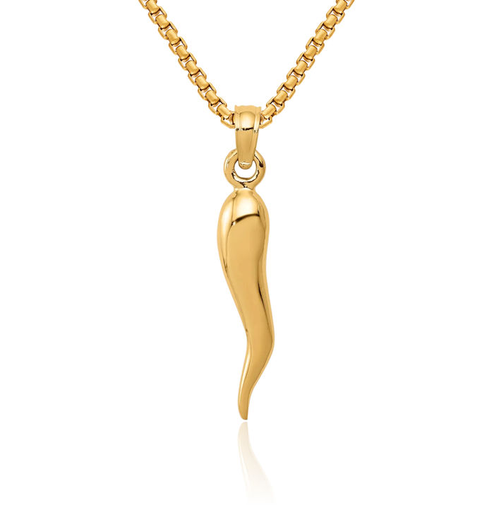 10K Solid Yellow Gold Medium Cornicello Italian Horn Necklace Lucky Protection Amulet Pendant Chilli Pepper Charm