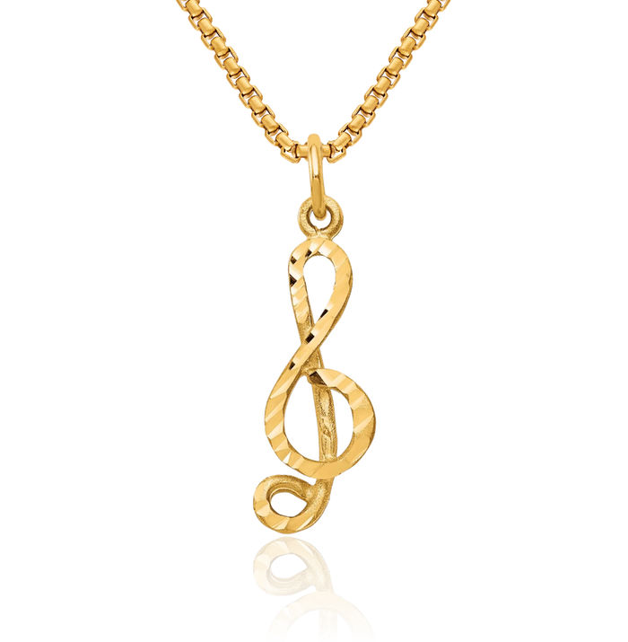 10K Solid Yellow Gold Medium Treble Clef Music Note Necklace Chain Pendant Charm