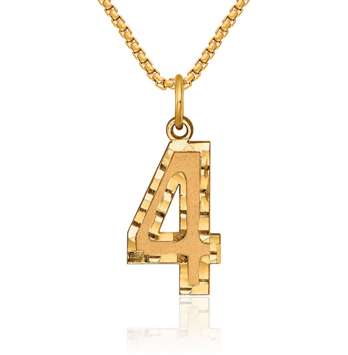 10K Solid Yellow Gold Medium Number 4 Necklace Chain Pendant Charm