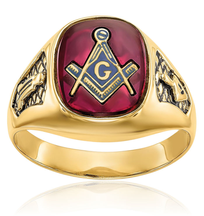 10K Solid Yellow Gold Mens Black Lab Red Ruby Master Mason Signet Freemason Masonic Ring