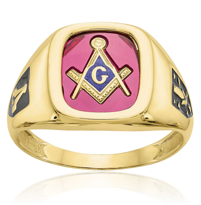 10K Solid Yellow Gold Mens Black Lab Red Ruby Master Mason Signet Freemason Masonic Ring