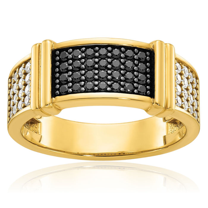 10K Solid Yellow Gold Mens Black White Diamond Statement Ring