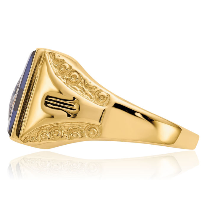 Men's 10k Yellow Gold Freemason Ring - Square And Compass Symbol With Blue Stone, Size 12.75