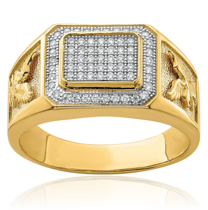 10K Solid Yellow Gold Mens Cubic Zirconia CZ Eagle Ring American Hawk Bird Head Band Symbol of Strength Freedom
