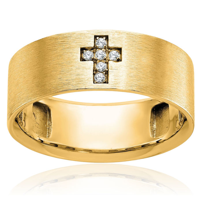 10K Solid Yellow Gold Mens Diamond Holy Cross Ring Christian Religious Band