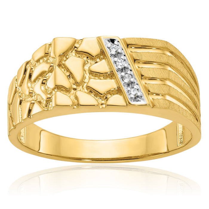 10K Solid Yellow Gold Mens Diamond Chunky Nugget Statement Ring