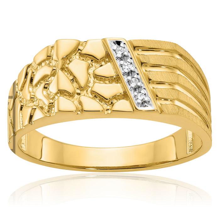 10K Solid Yellow Gold Mens Diamond Chunky Nugget Statement Ring