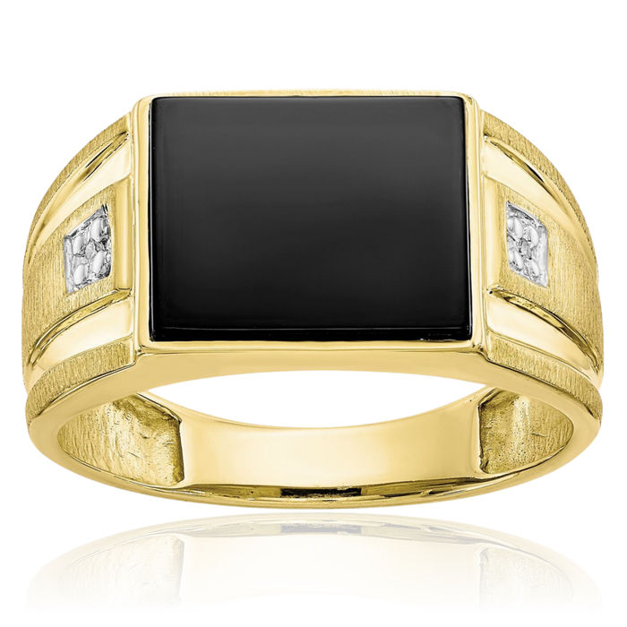 10K Solid Yellow Gold Mens Diamond Black Onyx Ring