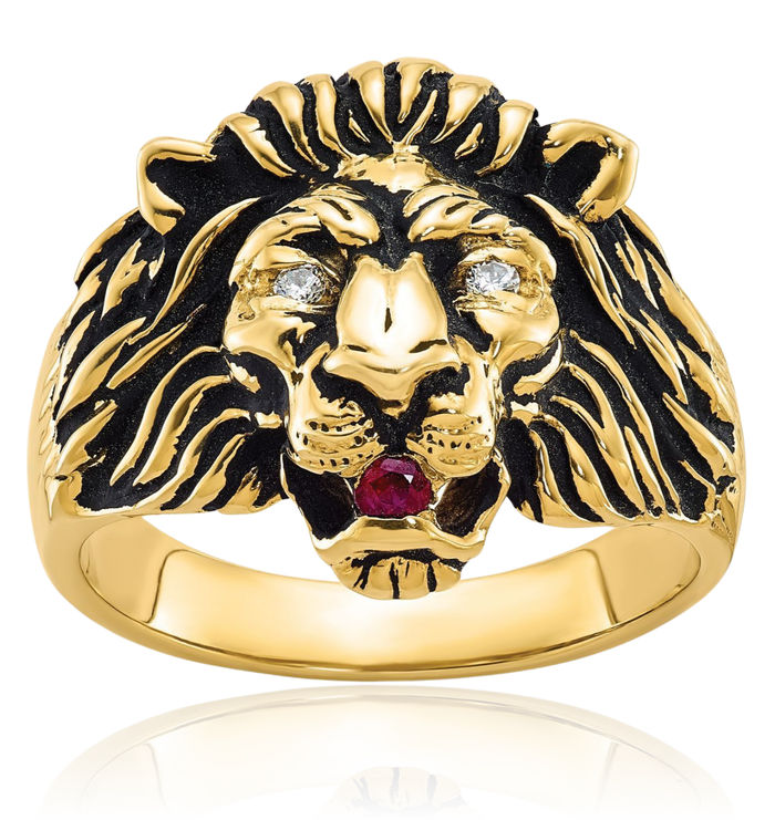 10K Solid Yellow Gold Mens Diamond Red Ruby Vintage Lion Head Ring