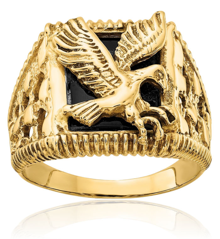 10K Solid Yellow Gold Mens Black Onyx Eagle Ring American Hawk Bird Head Band Symbol of Strength Freedom