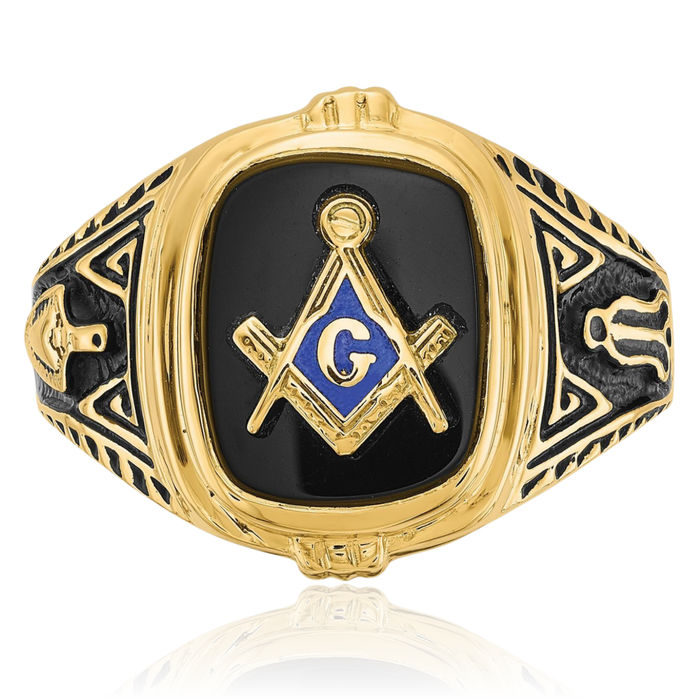 10K Solid Yellow Gold Mens Vintage Black Onyx Master Mason Signet Freemason Masonic Ring