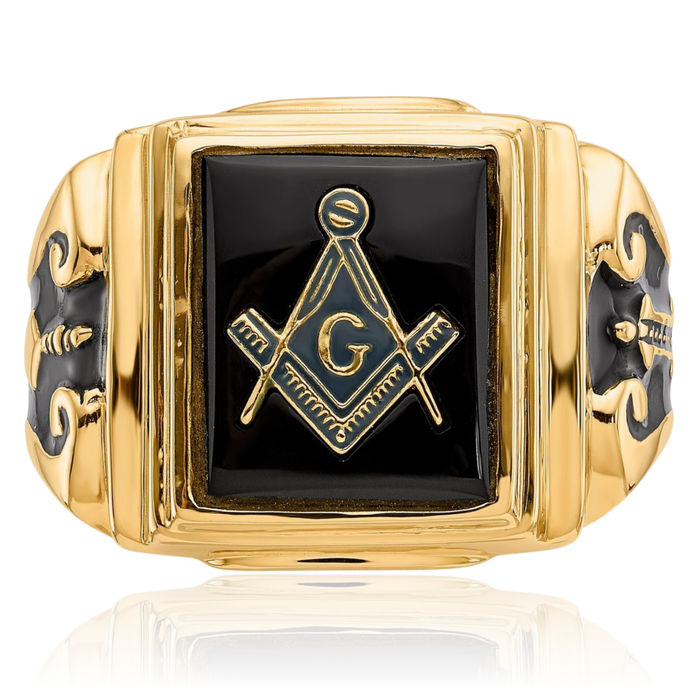 10K Solid Yellow Gold Mens Black Onyx Master Mason Signet Freemason Masonic Ring