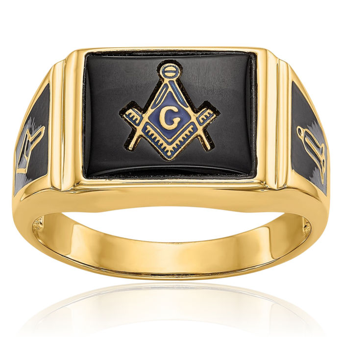 10K Solid Yellow Gold Mens Black Onyx Master Mason Signet Freemason Masonic Ring