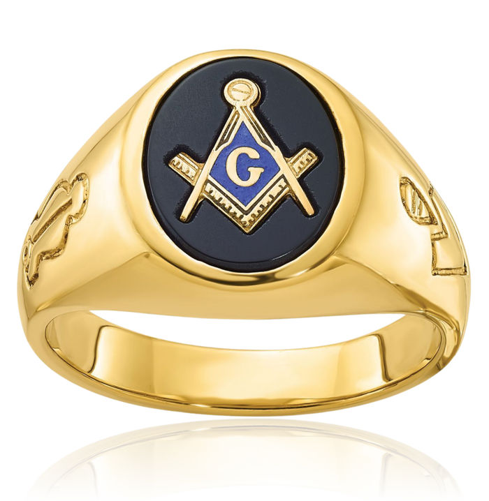 10K Solid Yellow Gold Mens Oval Black Onyx Blue Lodge Master Mason Signet Freemason Masonic Ring