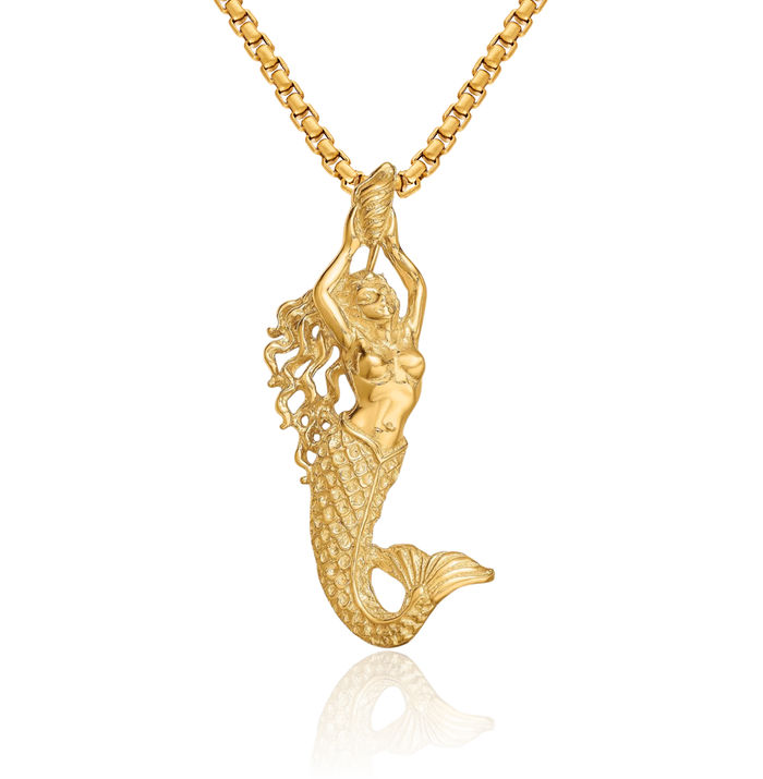 10K Solid Yellow Gold Mermaid Floating Chain Slide Pendant Necklace Charm