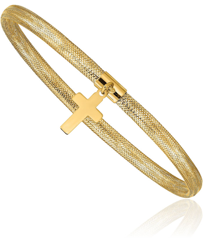 10K Solid Yellow Gold Mesh Cross Dangling Stretch Wrap Bracelet