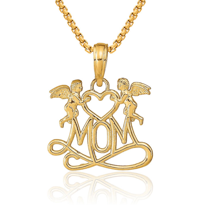 10K Solid Yellow Gold Mom Heart Guardian Angels Necklace Mama Charm Mother Pendant