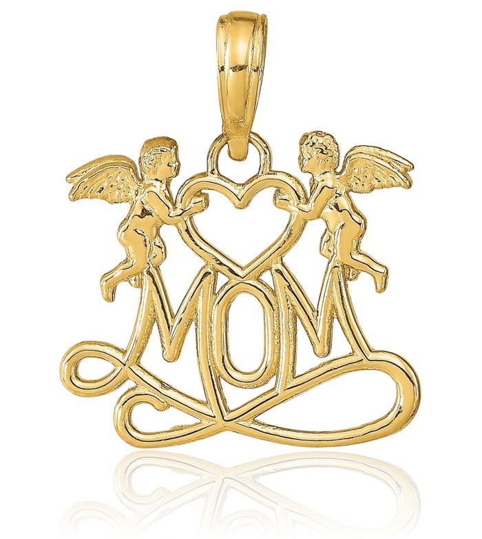 10K Solid Yellow Gold Mom Heart Guardian Angels Necklace Mama Charm Mother Pendant