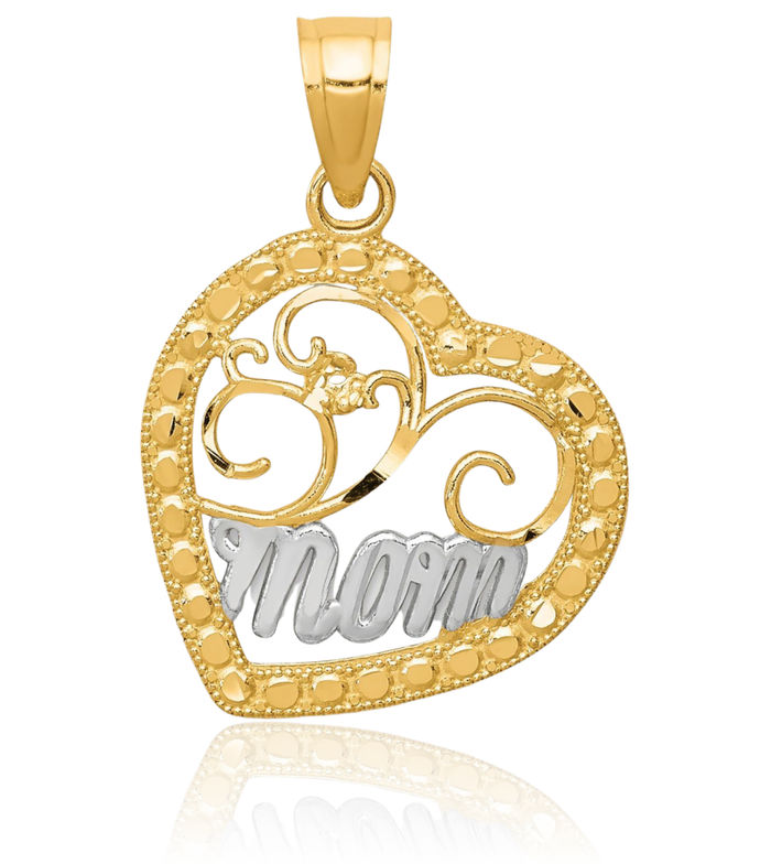 10K Solid Yellow Gold Mom Heart Necklace Mama Charm Mother Pendant